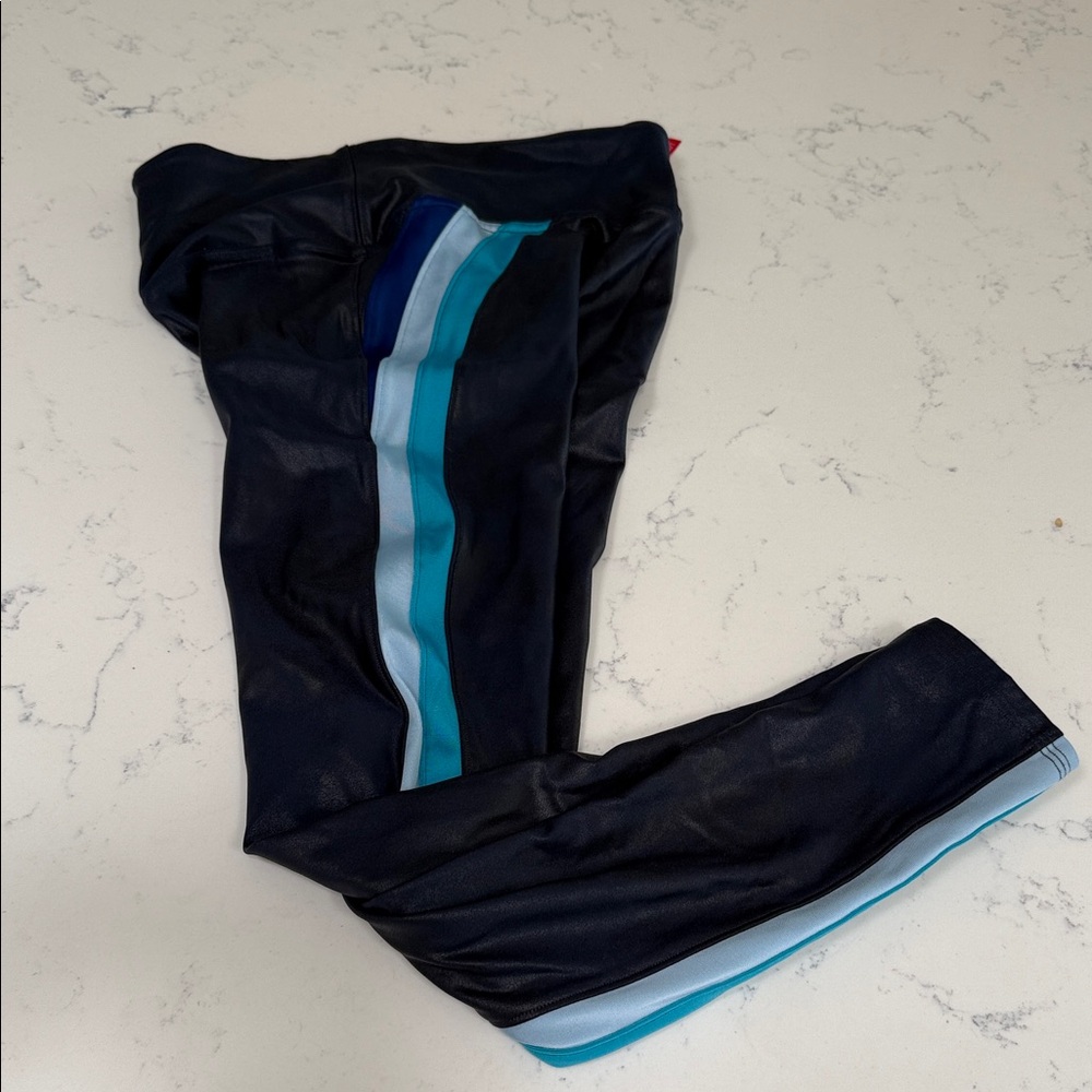 Spanx Navy Faux Leather Leggings with Blue Stripes - S